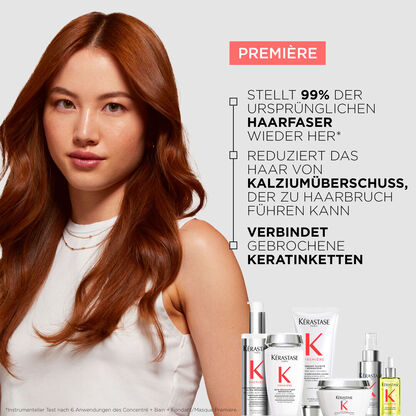 Eine Frau mit glatten, langen Haaren prasentiert Kerastase Produkte zur Haarpflege gegen Haarbruch und Kalziumuberschuss.