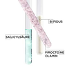 Testrohre mit Salicylsaure, Pirocton Olamin und Bifidus, zur Illustration von Inhaltsstoffen in einem Produkt.