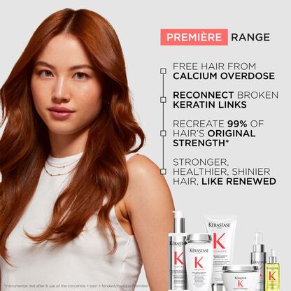 Frau mit gesundem, glanzendem Haar prasentiert die Kerastase Premiere Produktreihe zur Starkung von Haarschaden.