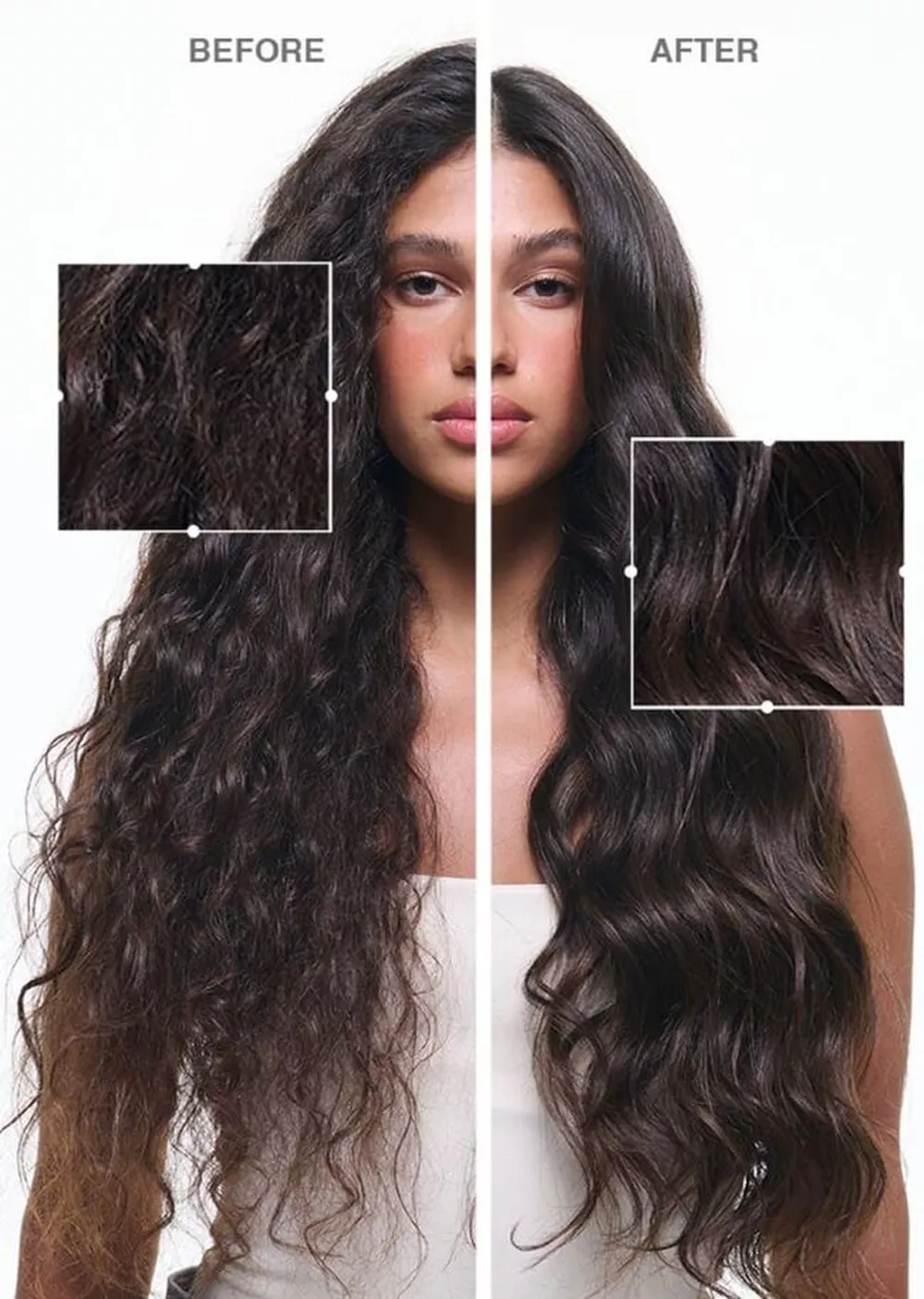 A woman with long, straight brown hair is divided in the center of the image, showcasing two different sections of her hair. One section appears frizzy and textured, while the other is smooth and sleek. She is wearing a black sleeveless top and has a neutral expression.