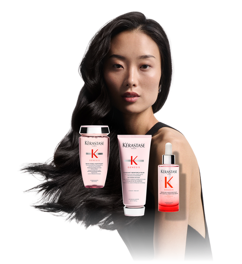 Frau prasentiert uberlagerte Kerastase Genesis Produkte (Shampoo, Conditioner, Serum), die die Routine veranschaulichen.