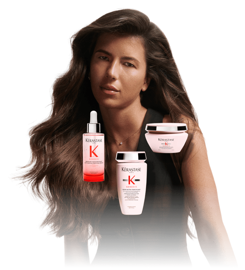 Frau prasentiert uberlagerte Kerastase Genesis Maske, Shampoo und Serum, die eine Pflegeroutine veranschaulichen.