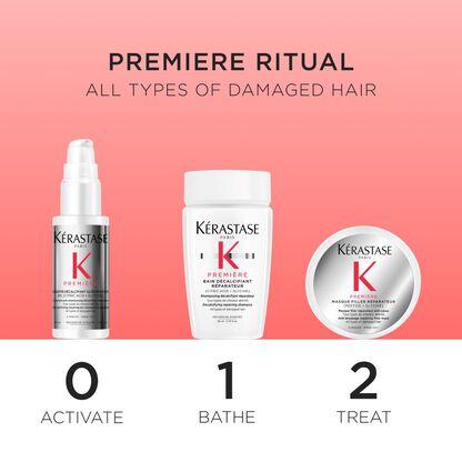 Three Kerastase products for hair care: a serum, a shampoo, and a treatment, labeled \'Premiere Ritual\' for damaged hair.