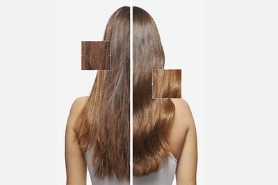 A display of three women's backs, showcasing different hair types—blonde straight hair, brown straight hair, and black curly hair—paired with color swatches representing each hair type.