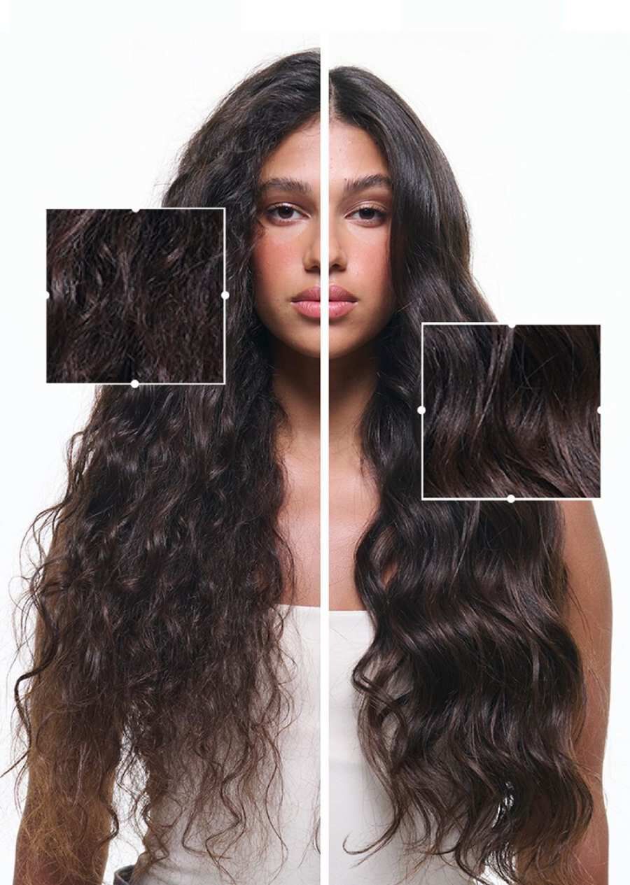 A split image of a woman with long, straight hair, showing a close-up of her hair texture on the left and a styled version on the right. She is wearing a black top and has a neutral expression.