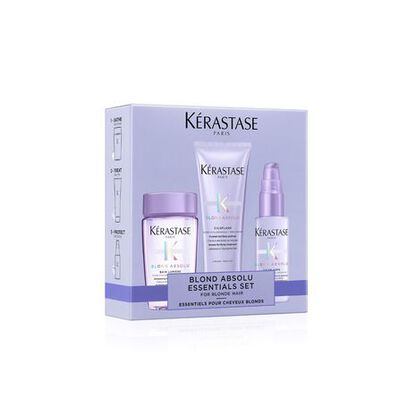 Pflegeset von Kerastase fur blonde Haare, bestehend aus Shampoo, Conditioner und Serum in einer schonen Verpackung.