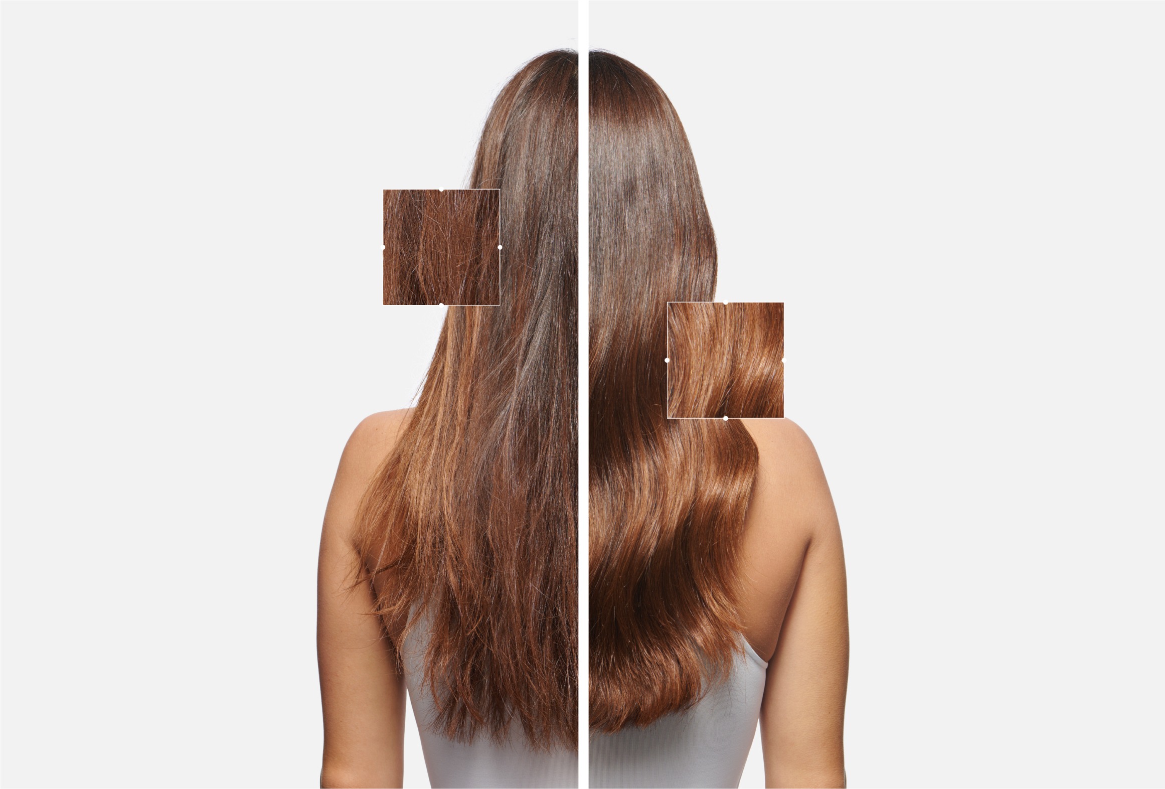 Vergleich von zwei Haarsträhnen: links strapaziert, rechts gesund glänzend und gepflegt.