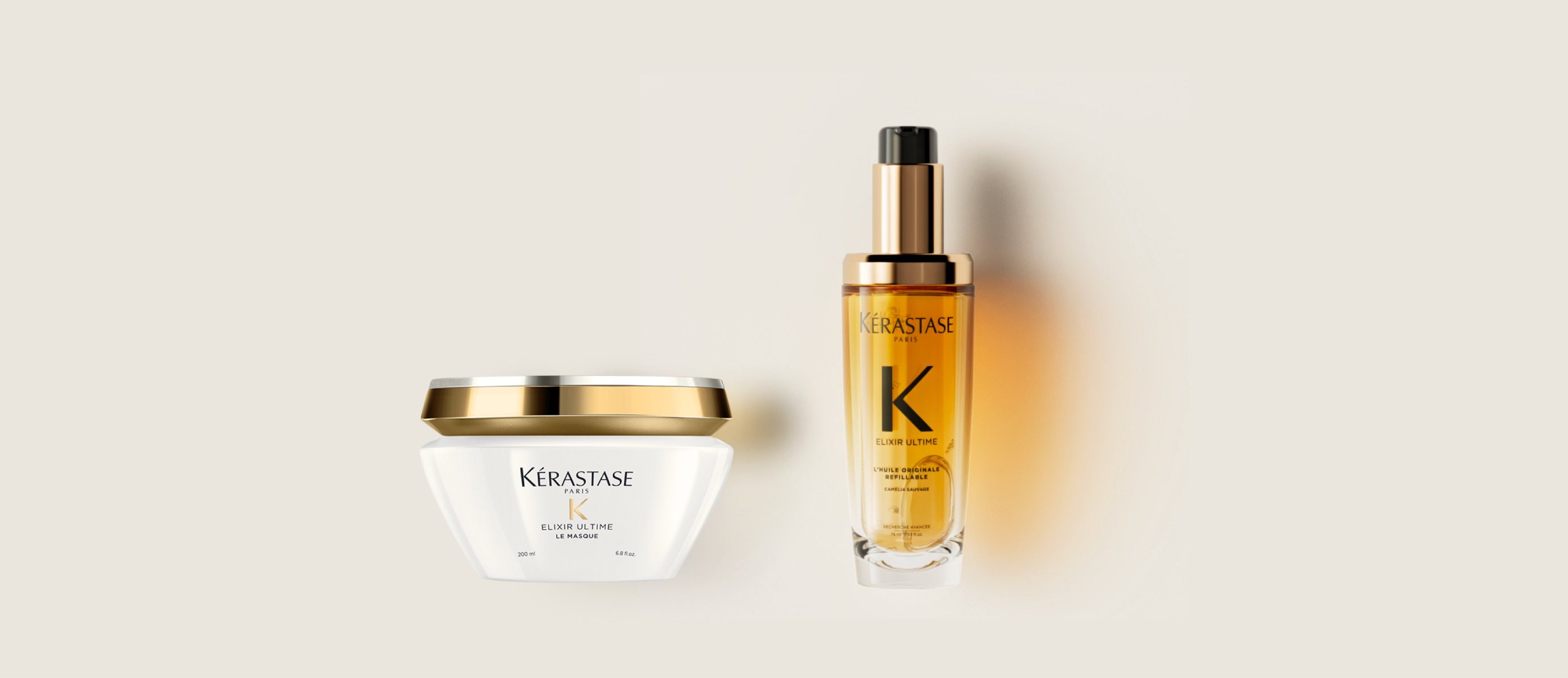 Le masque capillaire Elixir Ultime et la nouvelle huile capillaire rechargeable Elixir Ultime sont présentés sur un fond beige pur.