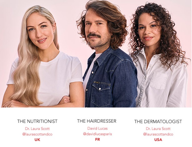 Kérastase Genesis Haarpflege Drei Expert:innen: Ernährungsberaterin, Friseur und Dermatologin, präsentiert mit ihren Namen und Herkunftsländern.